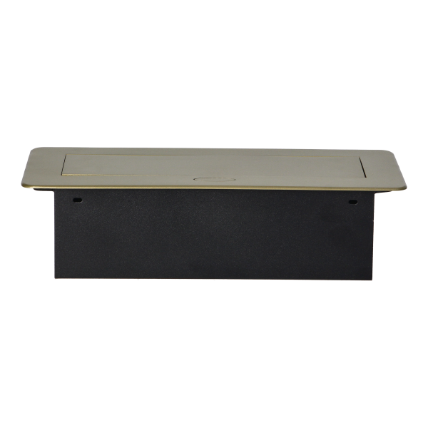 Recessed furniture sockets in a housing with a flat edge and USB charger, 2x2P+E (Schuko), 2xUSB, brass color