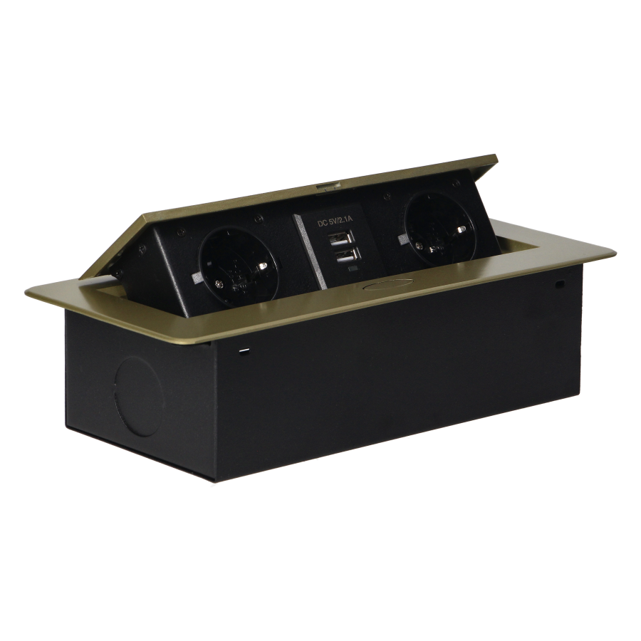 Recessed furniture sockets in a housing with a flat edge and USB charger, 2x2P+E (Schuko), 2xUSB, brass color