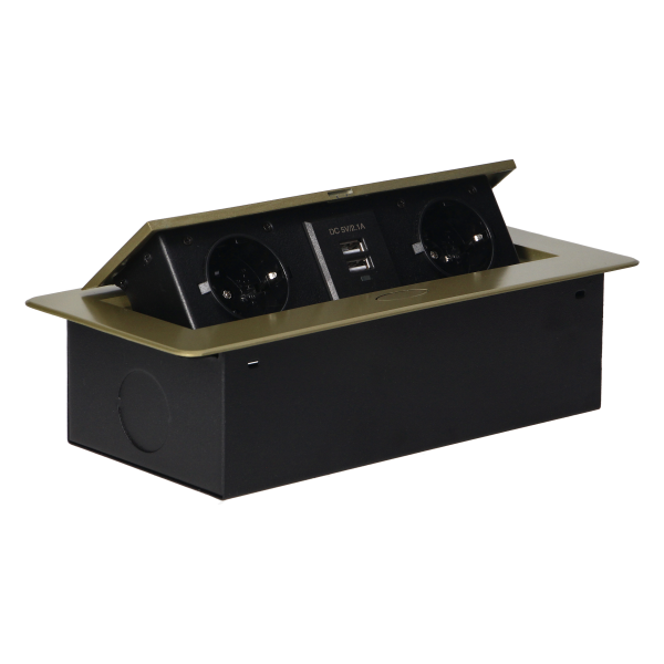 Recessed furniture sockets in a housing with a flat edge and USB charger, 2x2P+E (Schuko), 2xUSB, brass color