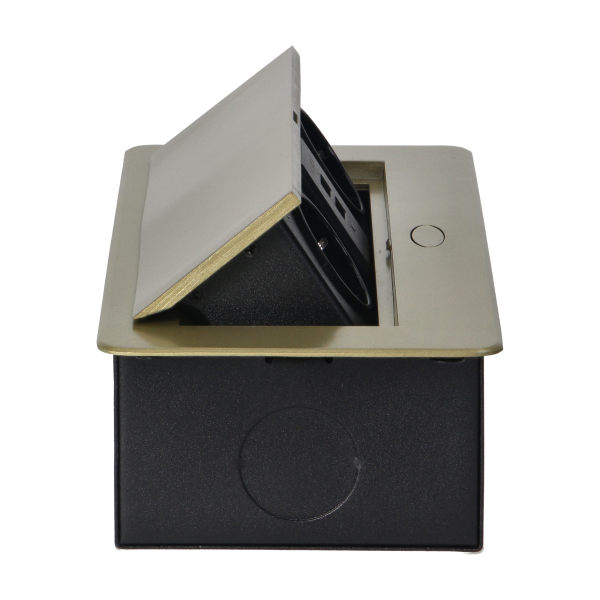 Gniazda meblowe wpuszczane w blat z płaskim frezowanym rantem i ładowarką USB, 2x2P+Z (Schuko), 2xUSB, mosiądz