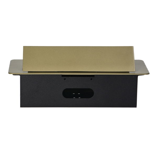 Gniazda meblowe wpuszczane w blat z płaskim frezowanym rantem i ładowarką USB, 2x2P+Z (Schuko), 2xUSB, mosiądz