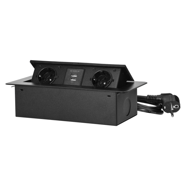 Gniazda meblowe wpuszczane w blat z płaskim frezowanym rantem, ładowarką USB i przewodem 1,5m, 2x2P+Z (Schuko), 2xUSB, czarne
