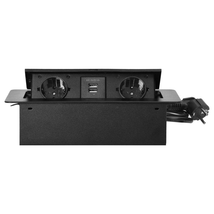 Recessed furniture sockets in a housing with a flat edge, USB charger and 1.5 m cable, 2x2P+E (Schuko), 2xUSB, black