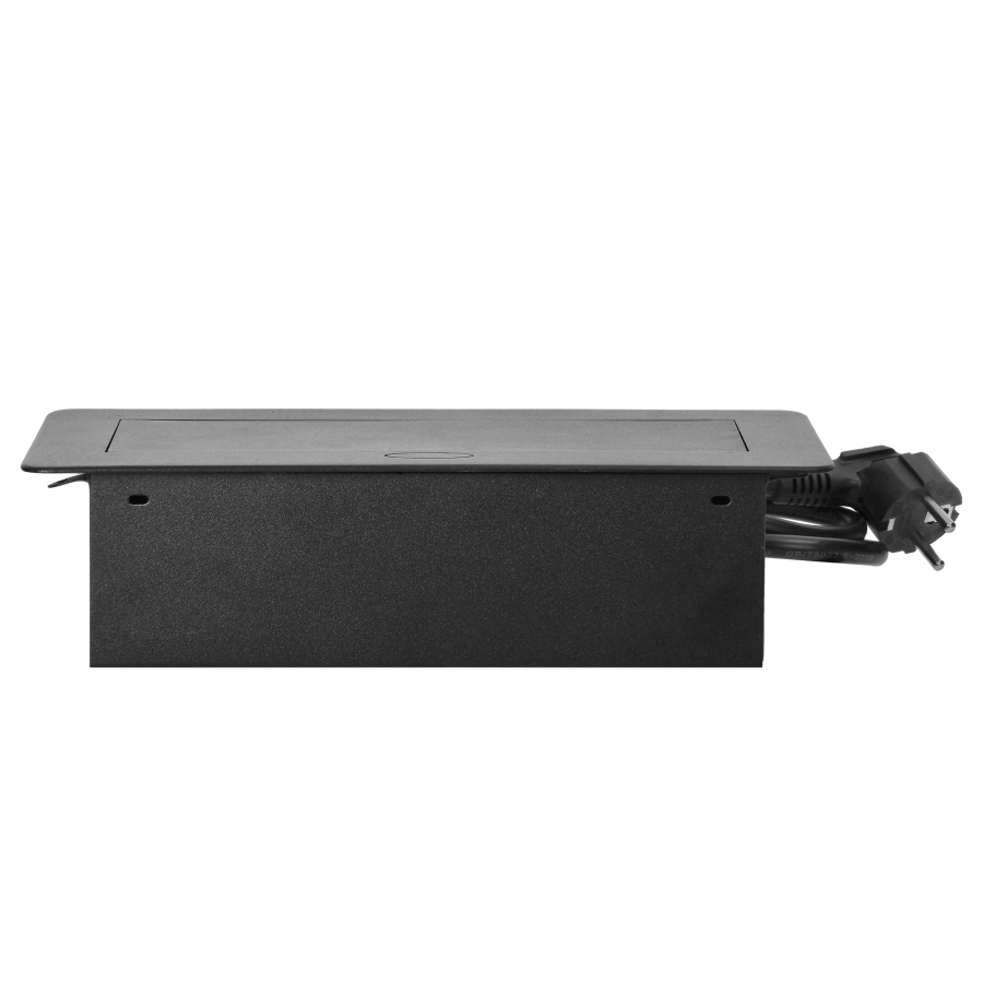 Recessed furniture sockets in a housing with a flat edge, USB charger and 1.5 m cable, 2x2P+E (Schuko), 2xUSB, black