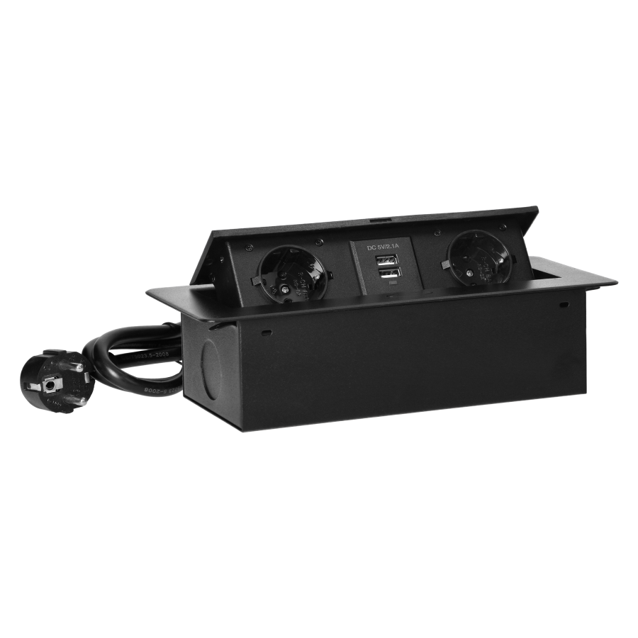 Gniazda meblowe wpuszczane w blat z płaskim frezowanym rantem, ładowarką USB i przewodem 1,5m, 2x2P+Z (Schuko), 2xUSB, czarne
