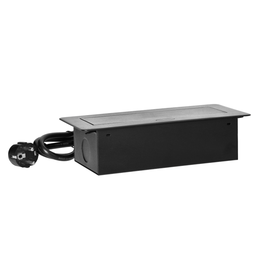 Recessed furniture sockets in a housing with a flat edge, USB charger and 1.5 m cable, 2x2P+E (Schuko), 2xUSB, black