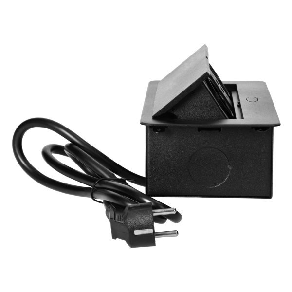 Gniazda meblowe wpuszczane w blat z płaskim frezowanym rantem, ładowarką USB i przewodem 1,5m, 2x2P+Z (Schuko), 2xUSB, czarne