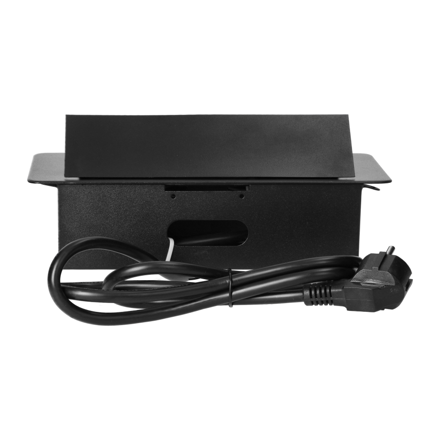 Gniazda meblowe wpuszczane w blat z płaskim frezowanym rantem, ładowarką USB i przewodem 1,5m, 2x2P+Z (Schuko), 2xUSB, czarne