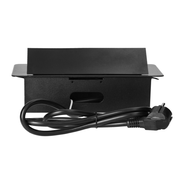 Recessed furniture sockets in a housing with a flat edge, USB charger and 1.5 m cable, 2x2P+E (Schuko), 2xUSB, black