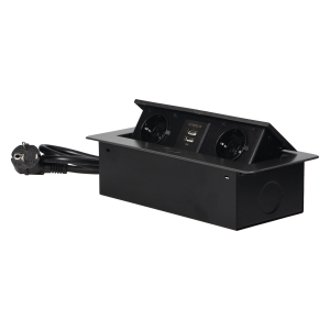 Gniazda meblowe wpuszczane w blat z płaskim frezowanym rantem, ładowarką USB i przewodem 1,5m, 2x2P+Z (Schuko), 2xUSB, grafitowe