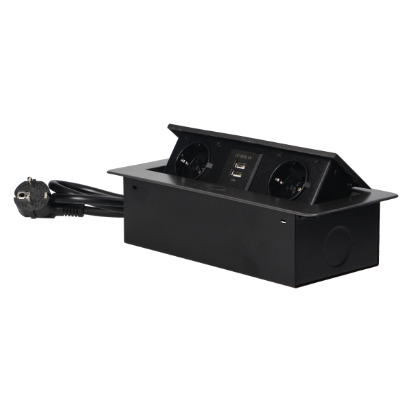 Recessed furniture sockets in a housing with a flat edge, USB charger and 1.5 m cable, 2x2P+E (Schuko), 2xUSB, graphite