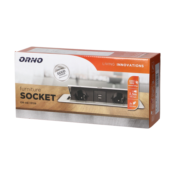 Gniazda meblowe wpuszczane w blat z płaskim frezowanym rantem, ładowarką USB i przewodem 1,5m, 2x2P+Z (Schuko), 2xUSB, grafitowe