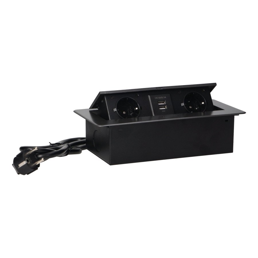 Recessed furniture sockets in a housing with a flat edge, USB charger and 1.5 m cable, 2x2P+E (Schuko), 2xUSB, graphite