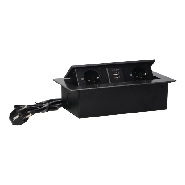 Gniazda meblowe wpuszczane w blat z płaskim frezowanym rantem, ładowarką USB i przewodem 1,5m, 2x2P+Z (Schuko), 2xUSB, grafitowe