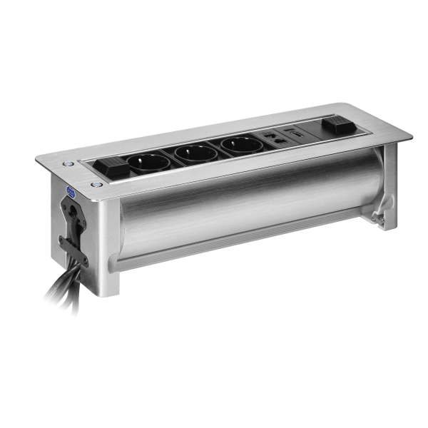 Recessed desk sockets with a flat milled edge and opening mechanism, 3x2P+E (Schuko), 2xNET,1xHDMI