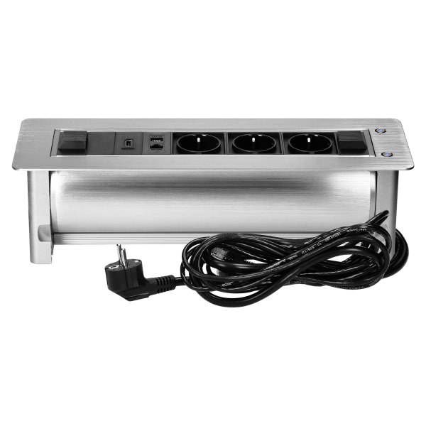 Gniazdo meblowe wpuszczane w blat z płaskim frezowanym rantem oraz elektrycznym otwieraniem, 3x2P+Z (Schuko), 2xNET,1xHDMI