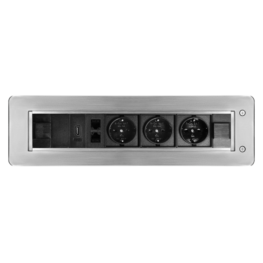 Recessed desk sockets with a flat milled edge and opening mechanism, 3x2P+E (Schuko), 2xNET,1xHDMI