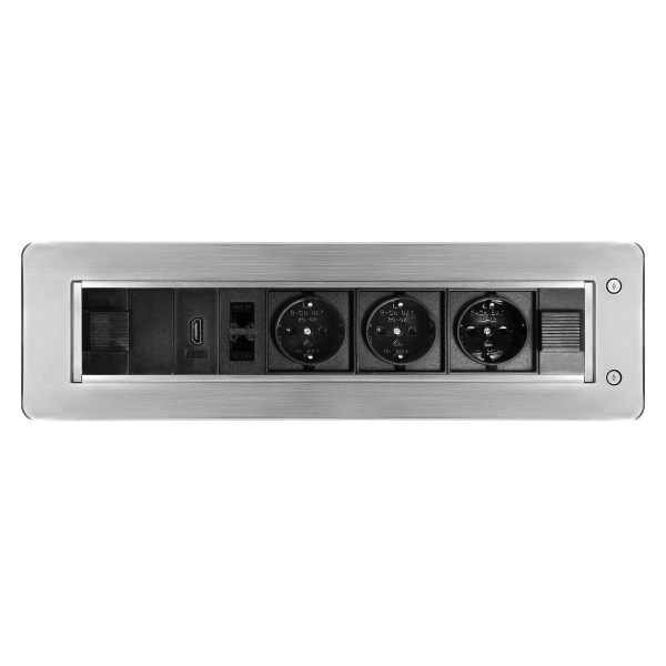 Gniazdo meblowe wpuszczane w blat z płaskim frezowanym rantem oraz elektrycznym otwieraniem, 3x2P+Z (Schuko), 2xNET,1xHDMI