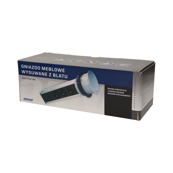 Gniazdo meblowe Ø8cm wysuwane z blatu przewodem 1,8m, 3x2P+Z