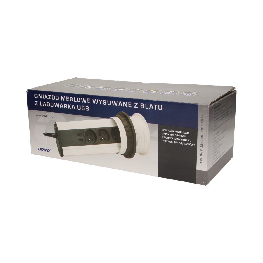 Gniazdo meblowe Ø10cm wysuwane z blatu z ładowarką USB i przewodem 1,8m, 3x2P+Z, 2xUSB
