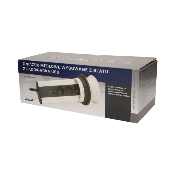 Gniazdo meblowe Ø10cm wysuwane z blatu z ładowarką USB i przewodem 1,8m, 3x2P+Z, 2xUSB