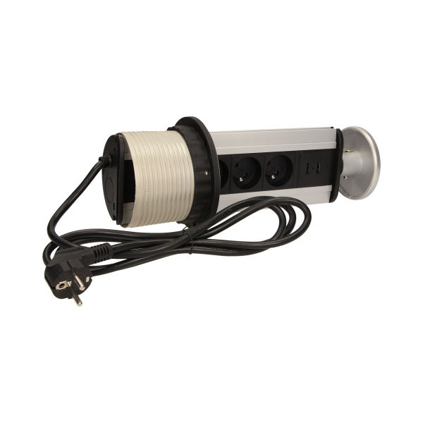 Gniazdo meblowe Ø10cm wysuwane z blatu z ładowarką USB i przewodem 1,8m, 3x2P+Z, 2xUSB