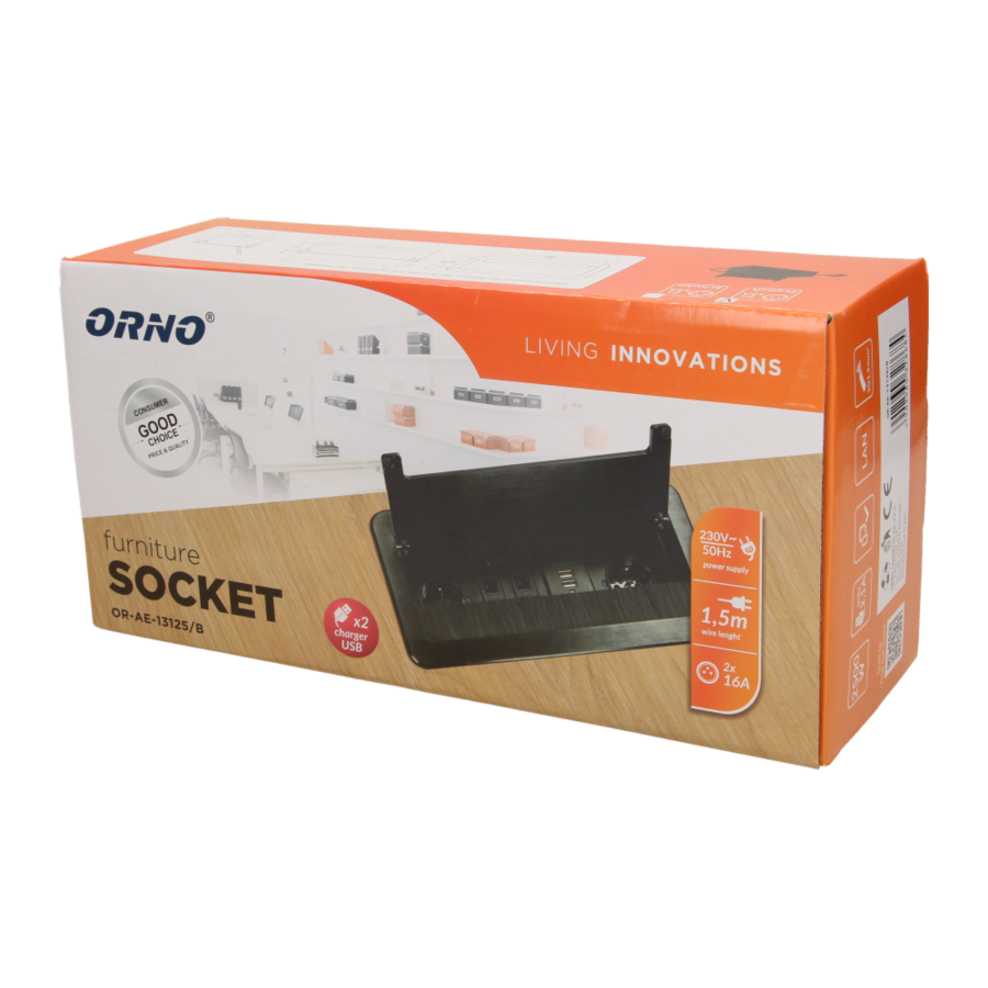 Gniazdo meblowe wpuszczane w blat z płaskim frezowanym rantem, szczotką przeciwkurzową, ładowarką USB i przewodem 1,5m, 2x2P+Z, 2xUSB, 2xNET, czarne