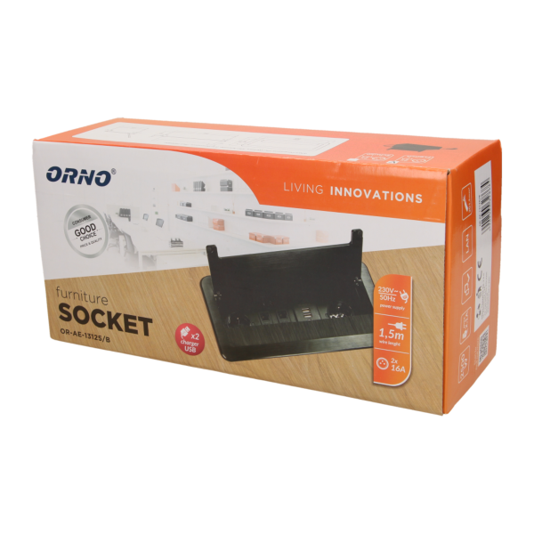 Gniazdo meblowe wpuszczane w blat z płaskim frezowanym rantem, szczotką przeciwkurzową, ładowarką USB i przewodem 1,5m, 2x2P+Z, 2xUSB, 2xNET, czarne