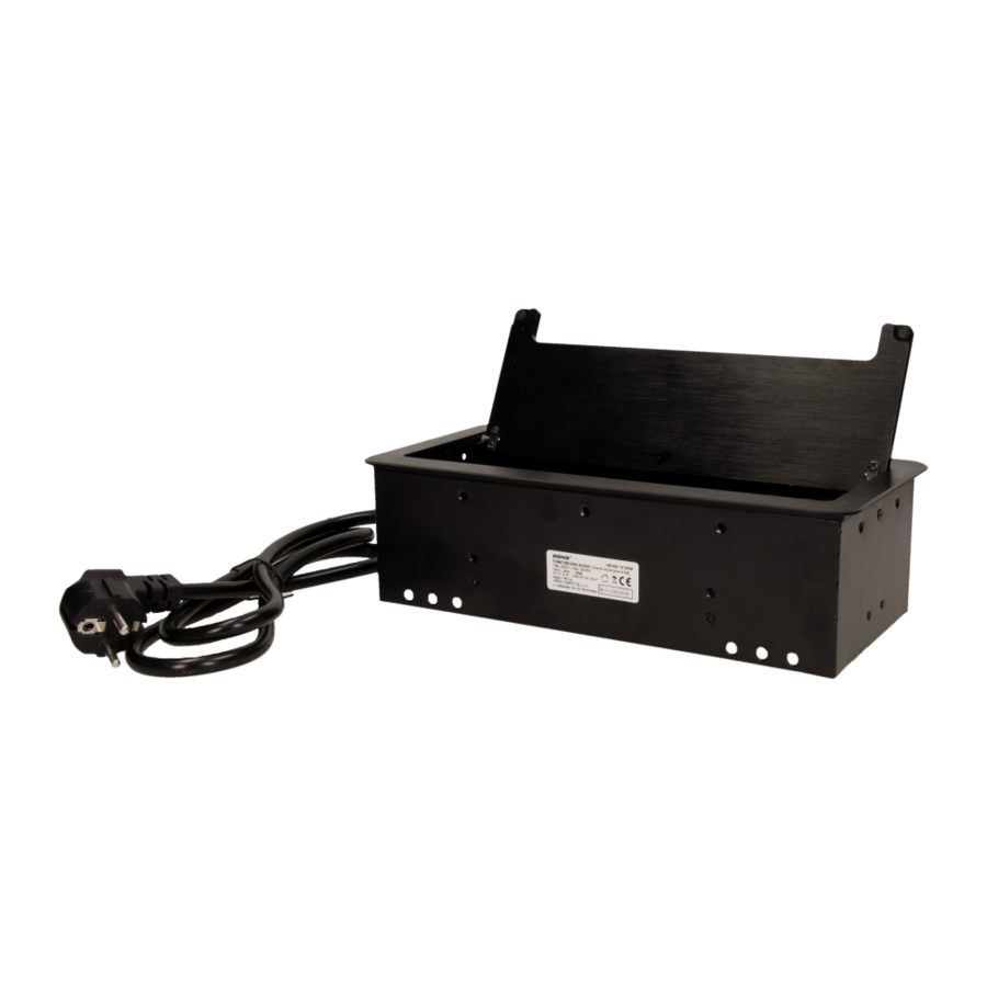 Gniazdo meblowe wpuszczane w blat z płaskim frezowanym rantem, szczotką przeciwkurzową, ładowarką USB i przewodem 1,5m, 2x2P+Z, 2xUSB, 2xNET, czarne