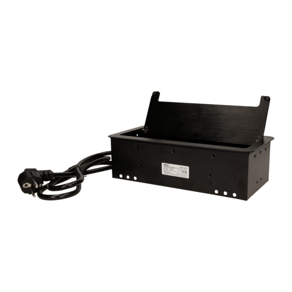 Gniazdo meblowe wpuszczane w blat z płaskim frezowanym rantem, szczotką przeciwkurzową, ładowarką USB i przewodem 1,5m, 2x2P+Z, 2xUSB, 2xNET, czarne