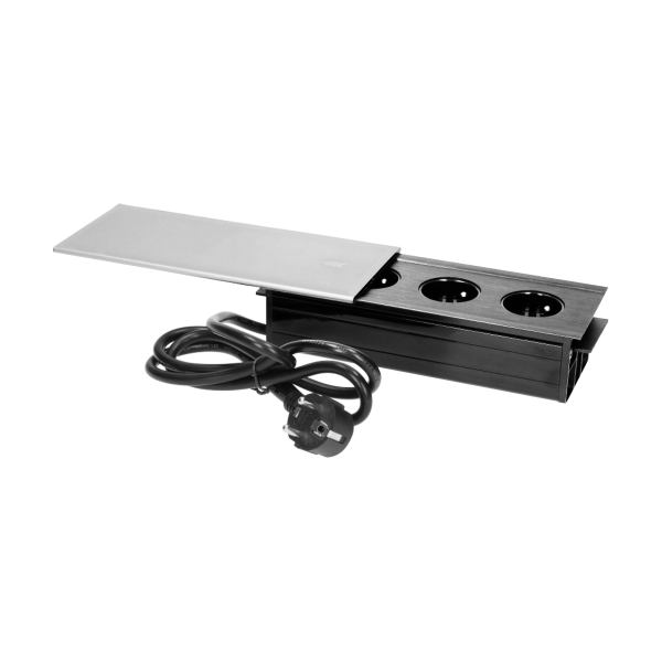Gniazdo meblowe wpuszczane w blat 3x2P+Z z przesuwną pokrywką i przewodem 1,5m, 3x1,5mm², czarno-srebrne