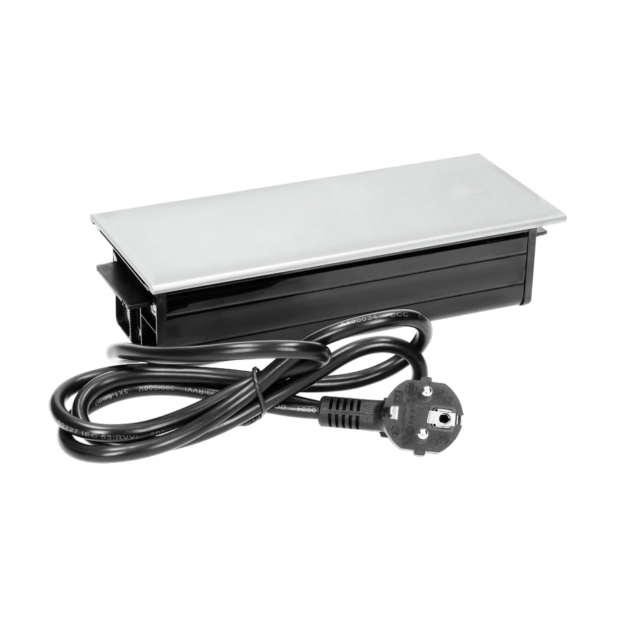 Flush-fitting furniture socket 3x2P+Z with sliding cover and 1.5m cable, silver-black