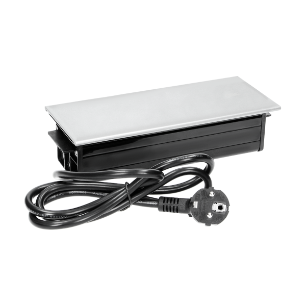 Flush-fitting furniture socket 3x2P+Z with sliding cover and 1.5m cable, silver-black