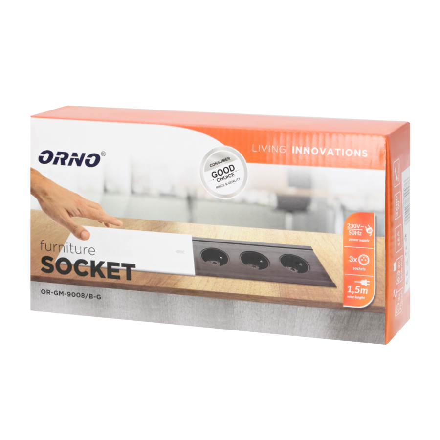 Gniazdo meblowe wpuszczane w blat 3x2P+Z z przesuwną pokrywką i przewodem 1,5m, 3x1,5mm², czarno-srebrne