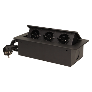 Gniazdo meblowe wpuszczane w blat z płaskim frezowanym rantem i przewodem 1,5m, 3x2P+Z, czarne, wersja schuko