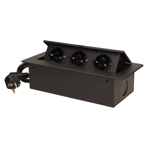 Flush-fitting furniture socket with 1.5m cable, black, schuko