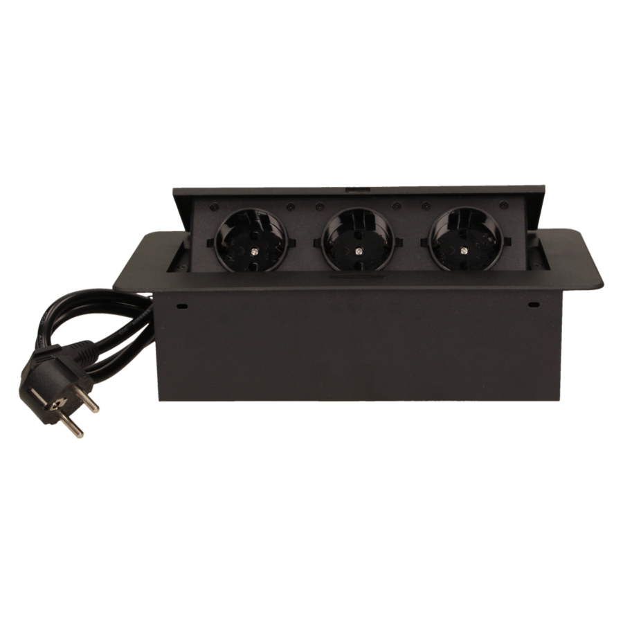Flush-fitting furniture socket with 1.5m cable, black, schuko
