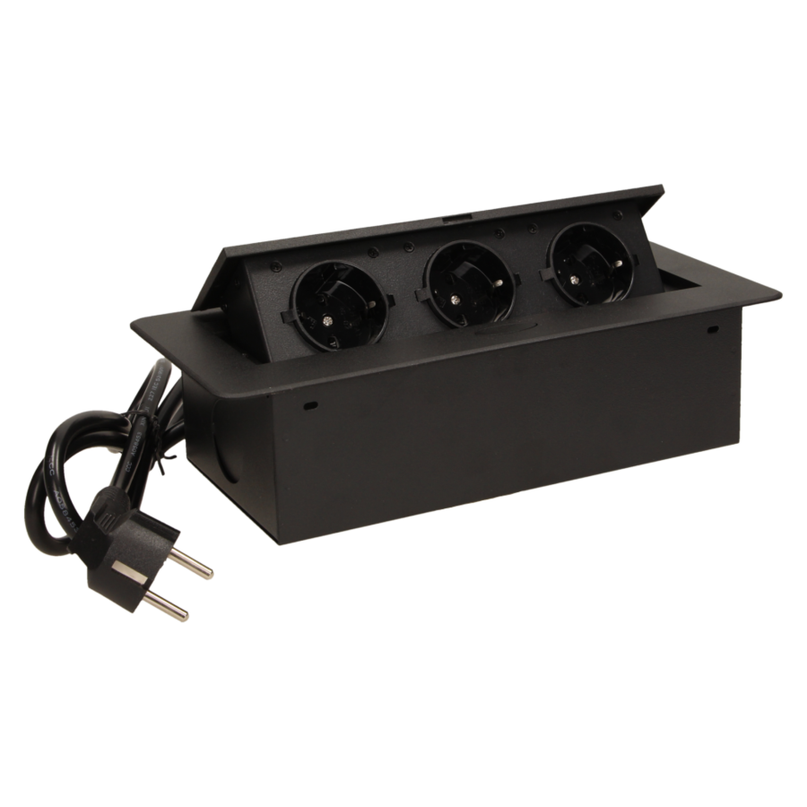 Flush-fitting furniture socket with 1.5m cable, black, schuko