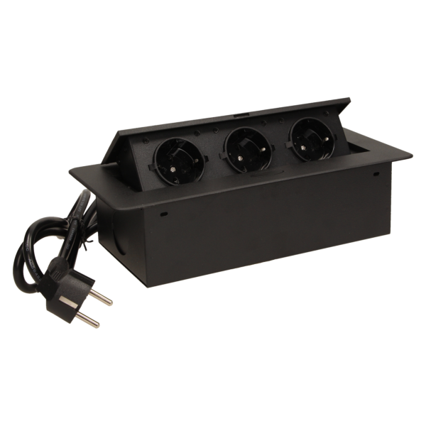 Flush-fitting furniture socket with 1.5m cable, black, schuko