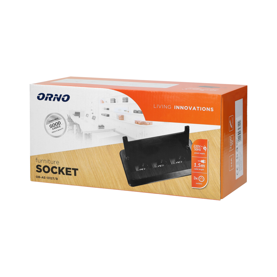 Flush-fitting furniture socket 3x2P+E with 1.5m cable and anti-dust brush, schuko