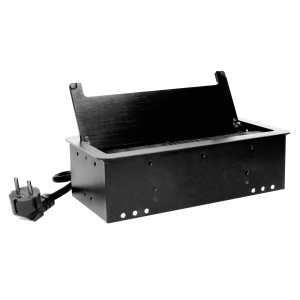 Gniazdo meblowe wpuszczane w blat z płaskim frezowanym rantem, szczotką przeciwkurzową, ładowarką USB i przewodem 1,5m, 2x2P+Z, 2xUSB, 2xNET, czarne, wersja schuko