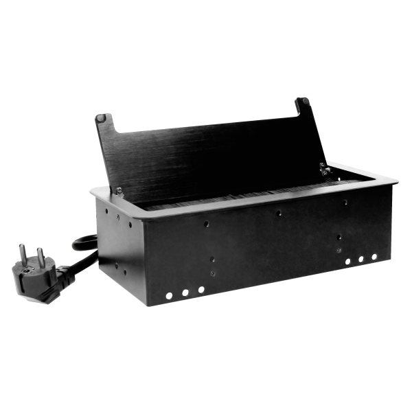 Gniazdo meblowe wpuszczane w blat z płaskim frezowanym rantem, szczotką przeciwkurzową, ładowarką USB i przewodem 1,5m, 2x2P+Z, 2xUSB, 2xNET, czarne, wersja schuko