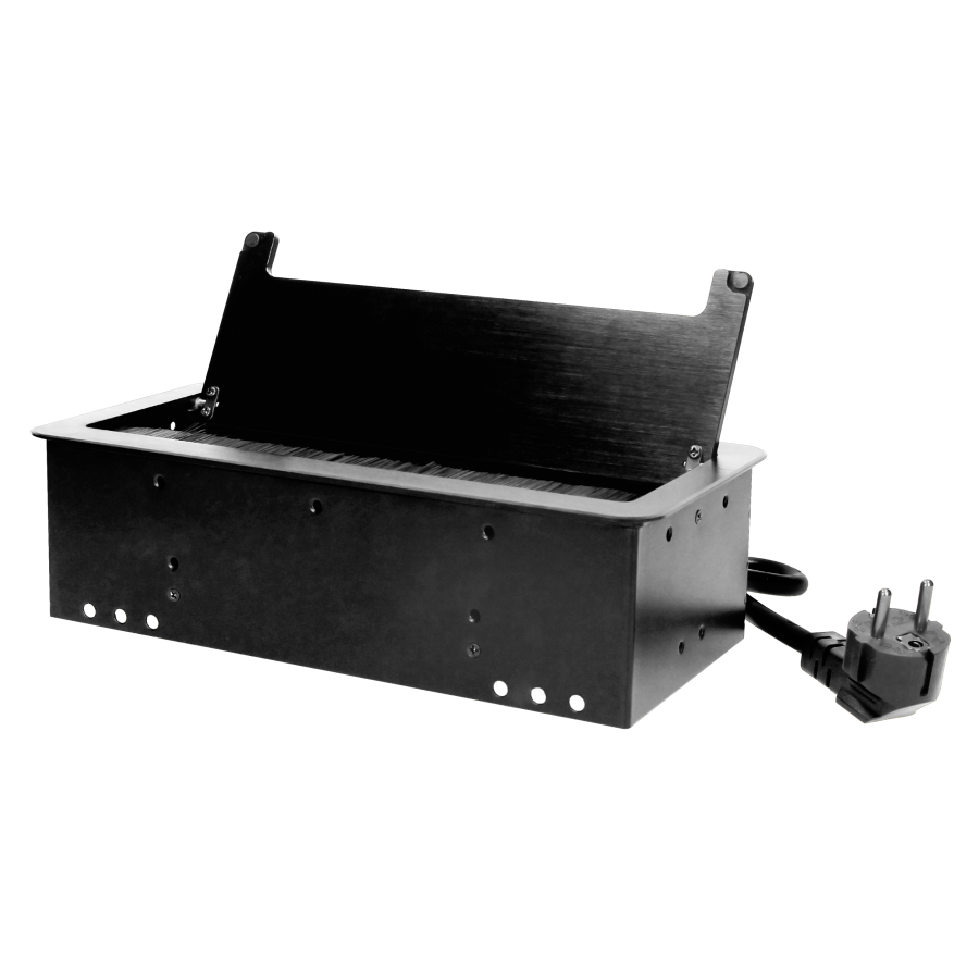 Gniazdo meblowe wpuszczane w blat z płaskim frezowanym rantem, szczotką przeciwkurzową, ładowarką USB i przewodem 1,5m, 2x2P+Z, 2xUSB, 2xNET, czarne, wersja schuko