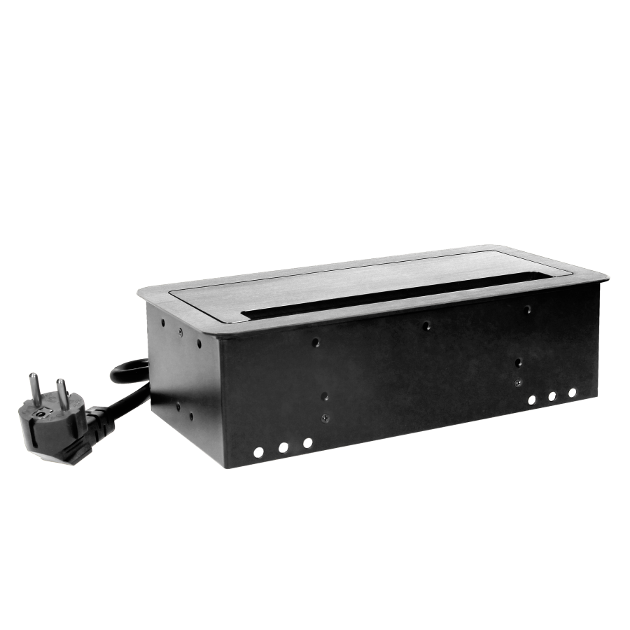 Gniazdo meblowe wpuszczane w blat z płaskim frezowanym rantem, szczotką przeciwkurzową, ładowarką USB i przewodem 1,5m, 2x2P+Z, 2xUSB, 2xNET, czarne, wersja schuko