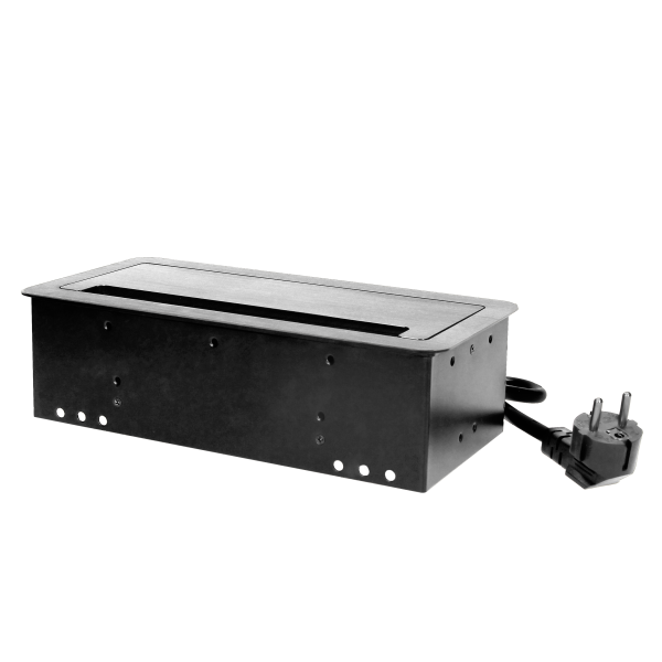 Gniazdo meblowe wpuszczane w blat z płaskim frezowanym rantem, szczotką przeciwkurzową, ładowarką USB i przewodem 1,5m, 2x2P+Z, 2xUSB, 2xNET, czarne, wersja schuko