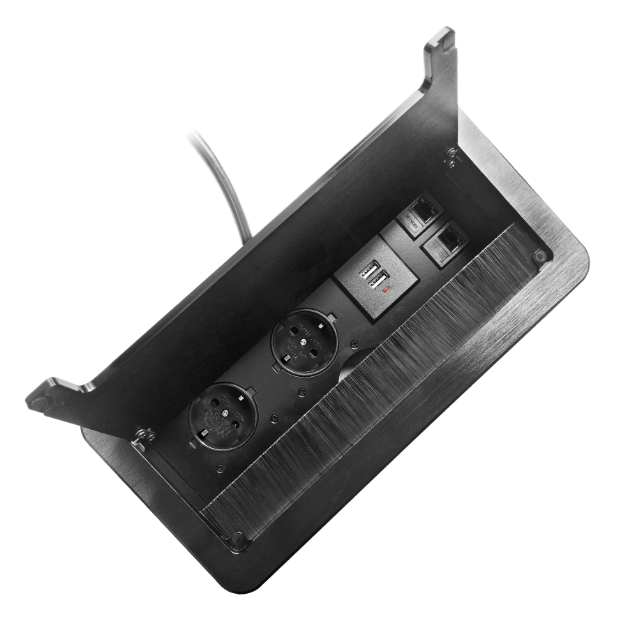 Gniazdo meblowe wpuszczane w blat z płaskim frezowanym rantem, szczotką przeciwkurzową, ładowarką USB i przewodem 1,5m, 2x2P+Z, 2xUSB, 2xNET, czarne, wersja schuko