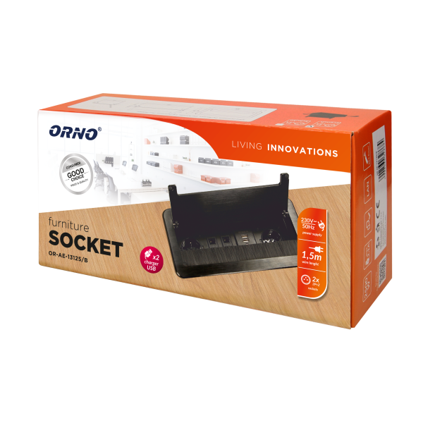 Gniazdo meblowe wpuszczane w blat z płaskim frezowanym rantem, szczotką przeciwkurzową, ładowarką USB i przewodem 1,5m, 2x2P+Z, 2xUSB, 2xNET, czarne, wersja schuko