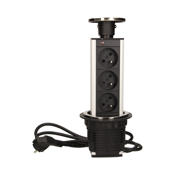 Gniazdo meblowe Ø8cm wysuwane z blatu z przewodem 1,8m, 3x2P+Z, INOX