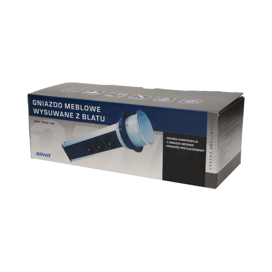 Gniazdo meblowe Ø8cm wysuwane z blatu z przewodem 1,8m, 3x2P+Z, INOX