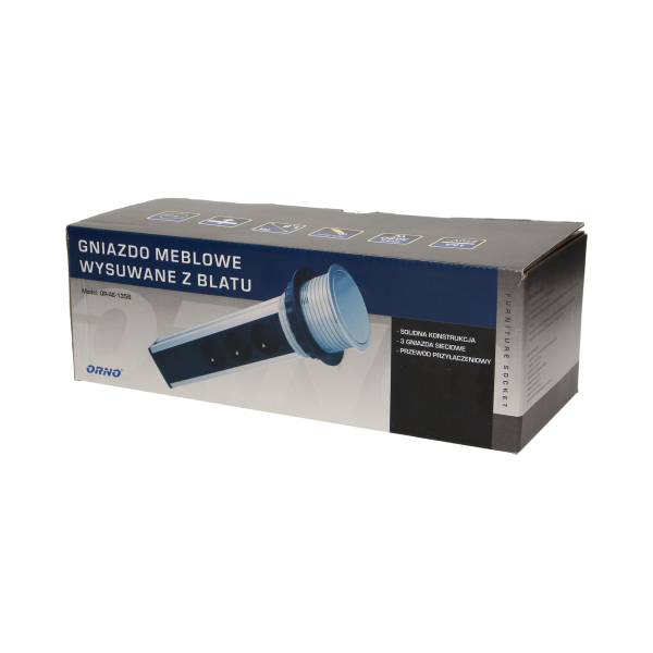 Gniazdo meblowe Ø8cm wysuwane z blatu z przewodem 1,8m, 3x2P+Z, INOX